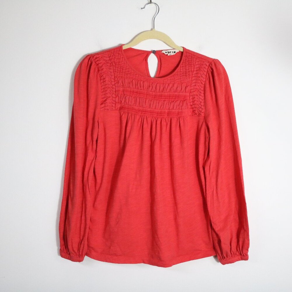 Boden Yoke Top Womens 8 Berry Red Pleated High Neck Blouse Cotton Preppy Classic
